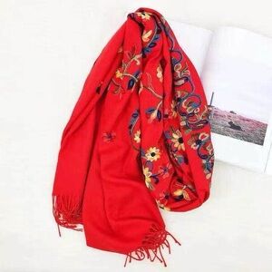 Elegant Red Floral Embroidered Scarf